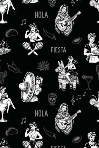 Retro Black Fiesta removable wallpaper with black-and-white fiesta illustrations, including guitars, maracas, tacos, skulls, and llamas.