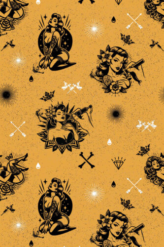 Retro Tattoo Beauties removable wallpaper with black pinup illustrations and tattoo icons scattered across a mustard speckled background.