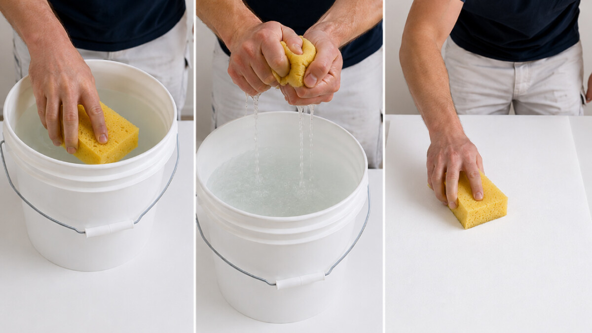 Person wetting the adhesive backing of pre-pasted wallpaper with a sponge before installation