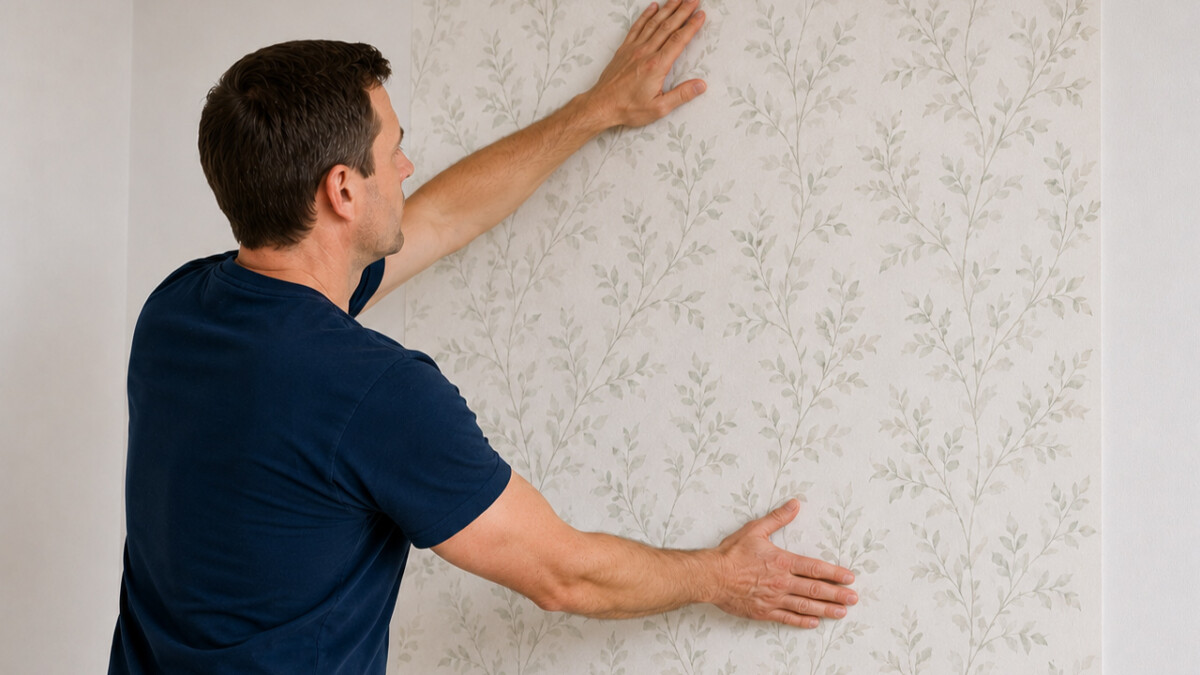 Person hanging pre-pasted wallpaper panel and aligning it on the wall during installation