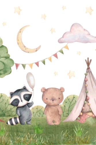 Woodland Friends peel and stick wallpaper mural with cute raccoon, bear, fox, and bunny around teepee tent under stars and moon, creating cozy nursery scene, available in custom sizes