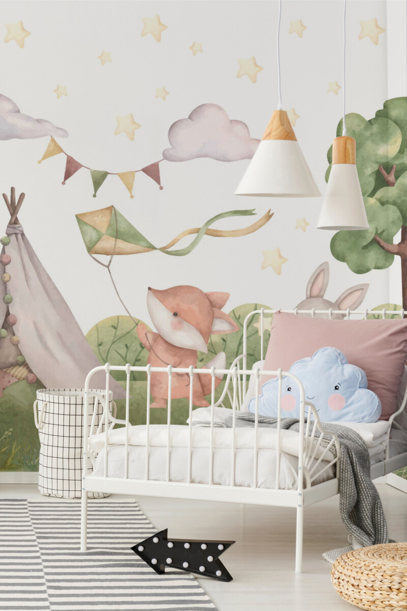 Cute Forest Animals peel and stick wall mural with raccoon, fox, bear, and bunny in soft watercolor style, adding playful woodland charm, available in custom sizes