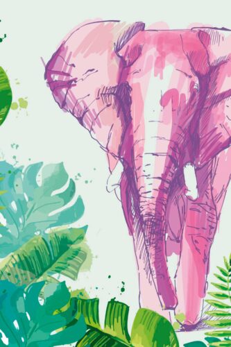 Tropical Jungle Elephant traditional non-pasted mural wallpaper with colorful elephant sketch and lush botanical leaves, bringing artistic safari mood, available in custom sizes