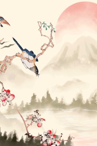 Mountain Sunrise Chinoiserie shows a wall mural with birds on branches, cherry blossoms, misty mountains, and a soft pink sun.