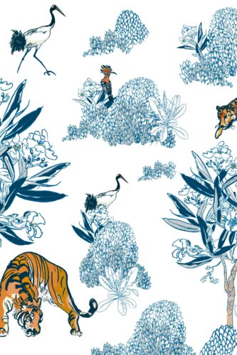 Chinoiserie Big Cats and Birds removable wall mural with tigers, cranes, and blue foliage on a white background.