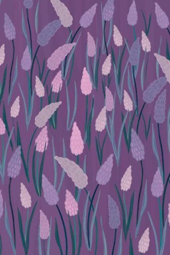 Purple Bloom Meadow shows a full-height floral removable wallpaper mural with pale purple blooms and long green leaves on a deep violet background.