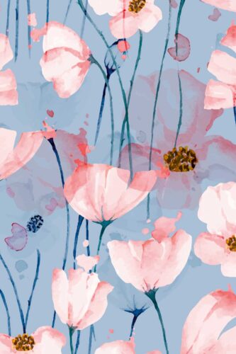 Pink Poppy Blossoms wall mural with watercolor pink poppy flowers and thin blue-green stems on a soft blue background.