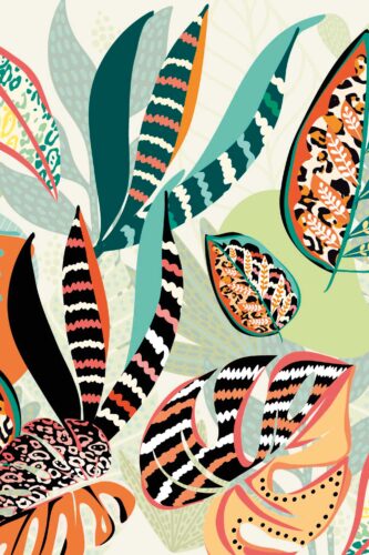 Animal Print Tropical Leaves oversized tropical leaves with bold stripes and leopard accents across a colorful wall mural.