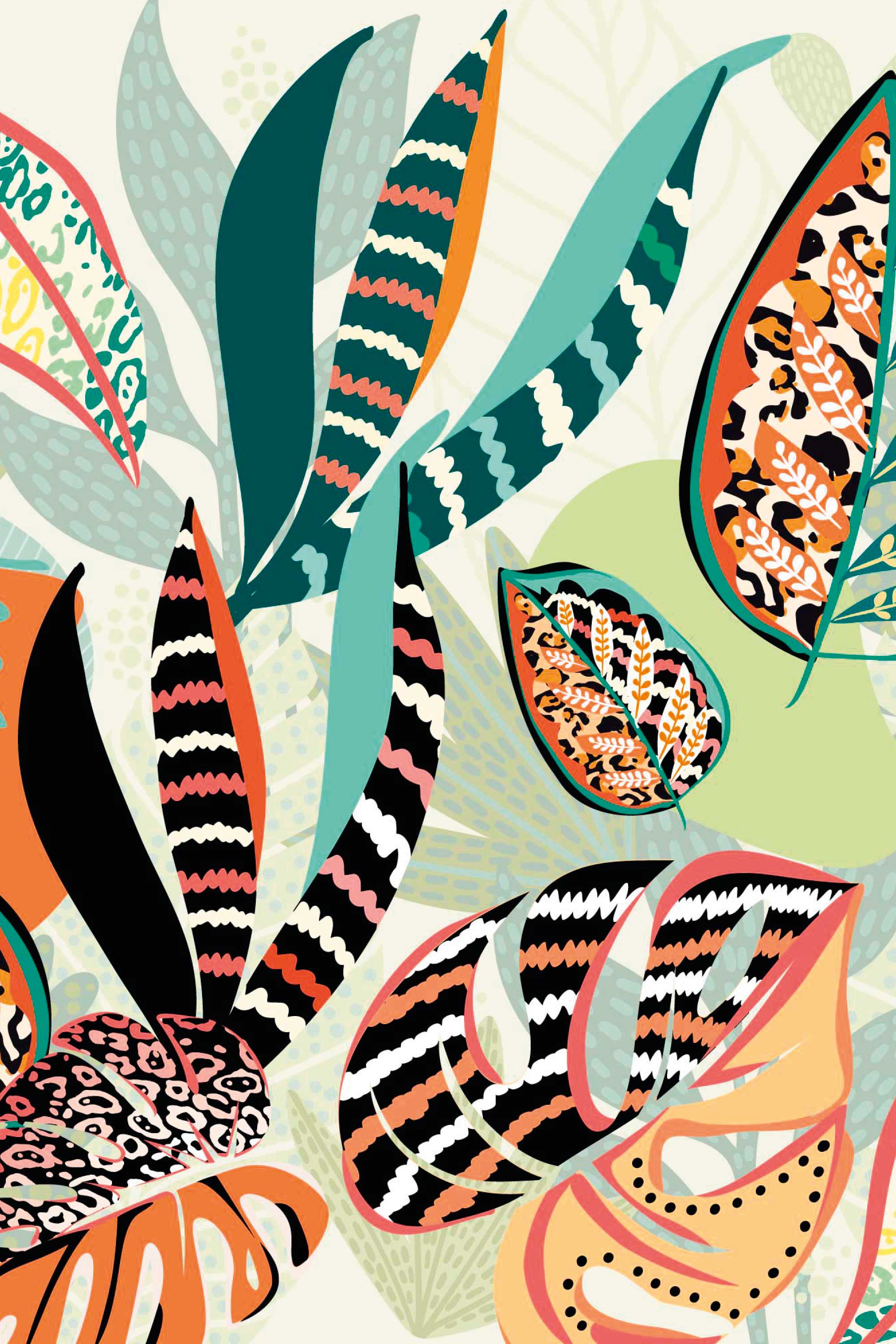 Animal Print Tropical Leaves oversized tropical leaves with bold stripes and leopard accents across a colorful wall mural.