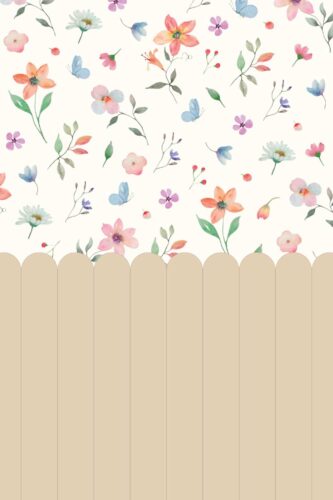 Whimsical Floral Border features a wallpaper mural with watercolor flowers and butterflies above a scalloped beige border.