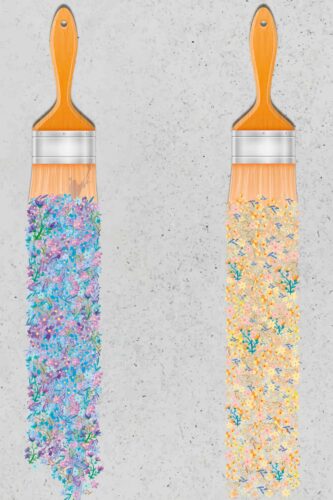 Floral Paintbrush Cascade two oversized paintbrushes with wildflower bristles on a speckled gray wallpaper mural.