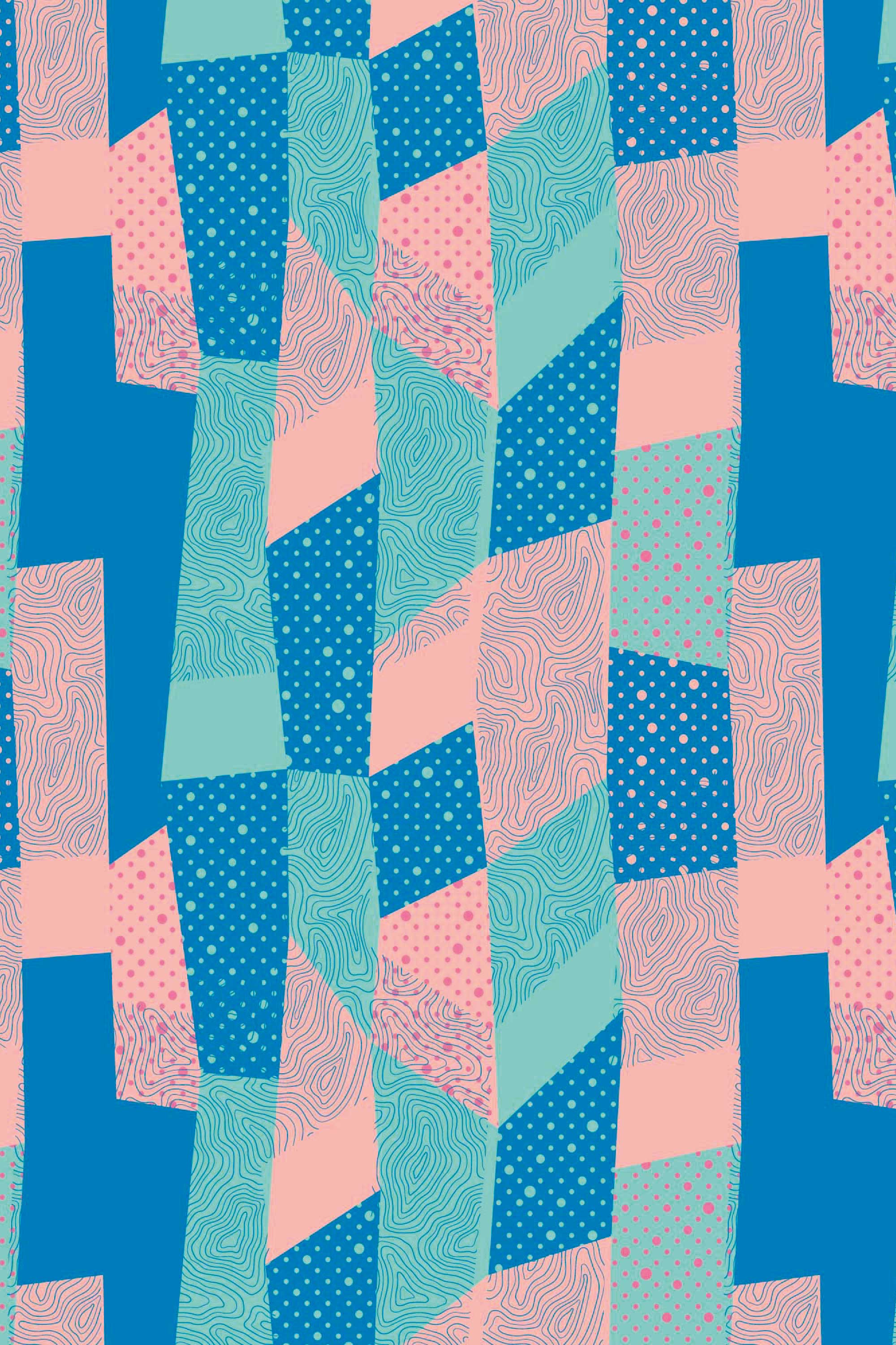 Retro Geometric Patchwork peel and stick wallpaper mural with layered blue and pink blocks, dotted panels, and wavy contour-line textures.