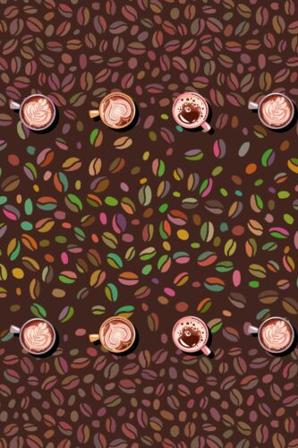 Cozy Coffee Beans removable wallpaper mural with scattered multicolor coffee beans and latte cups along the top and bottom.