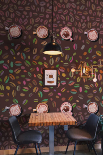 Cozy Coffee Beans wall mural with colorful coffee beans and latte cups across a full café dining wall.