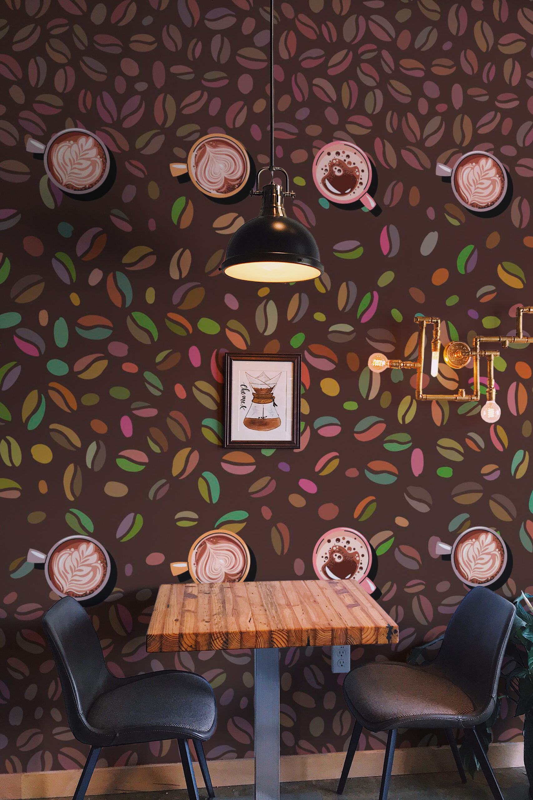 Cozy Coffee Beans wall mural with colorful coffee beans and latte cups across a full café dining wall.