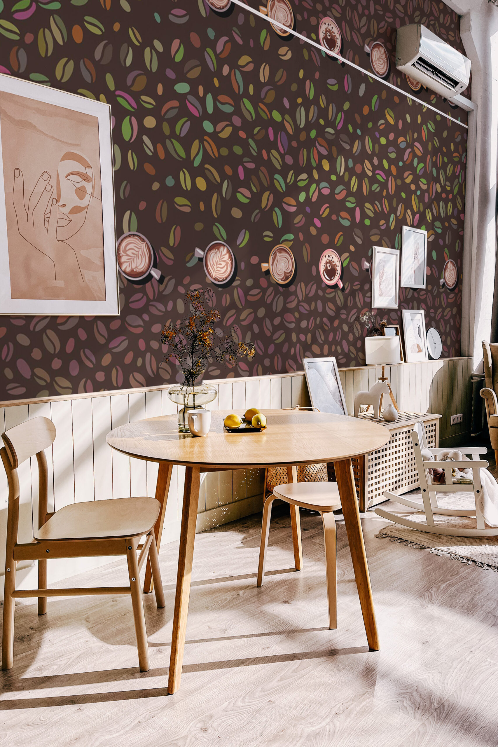 Cozy Coffee Beans wall mural covering a dining room wall with scattered colorful coffee beans and latte cup illustrations