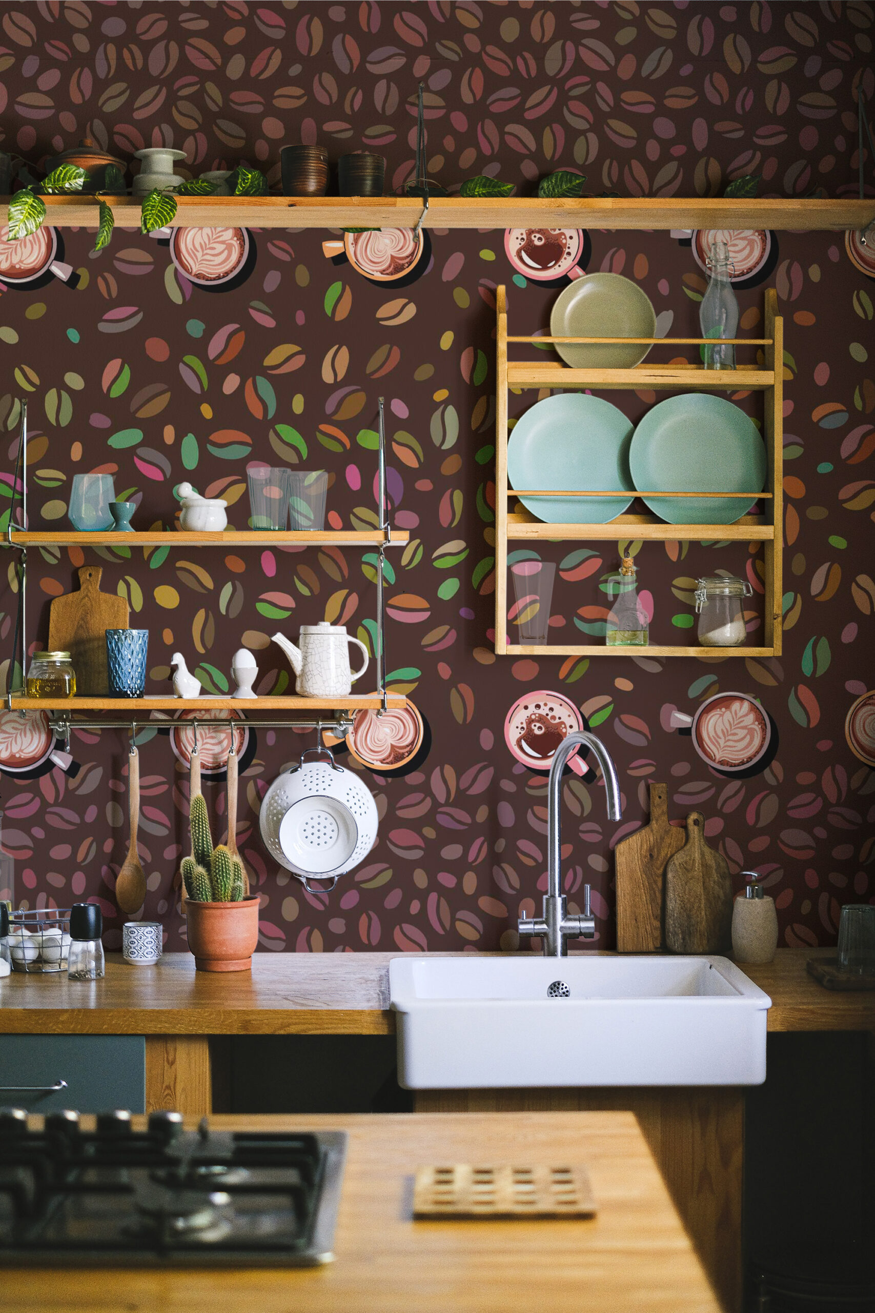 Cozy Coffee Beans wall mural covers the kitchen wall with colorful coffee beans and latte cup illustrations behind open shelves.