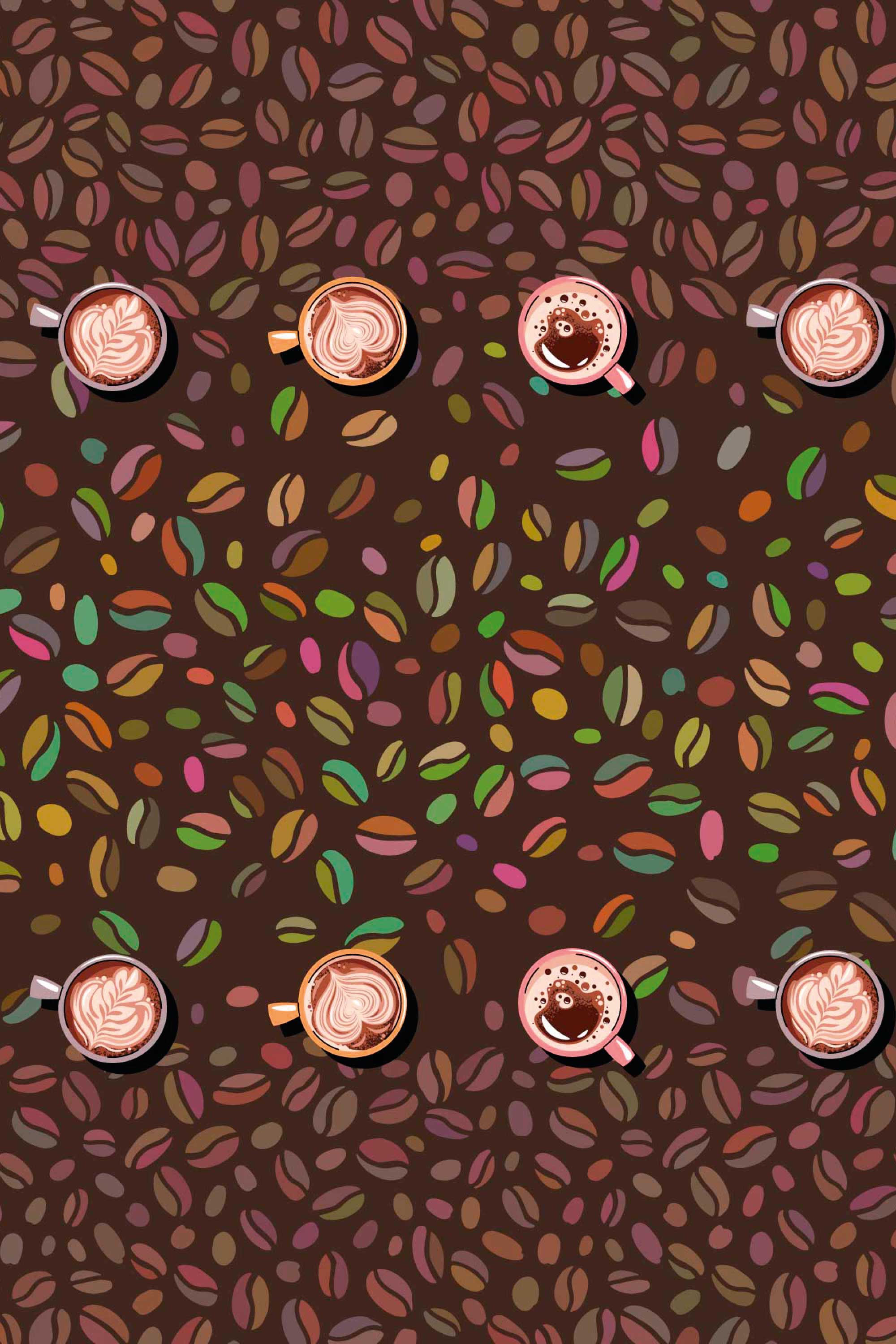 Cozy Coffee Beans removable wallpaper mural with scattered multicolor coffee beans and latte cups along the top and bottom.