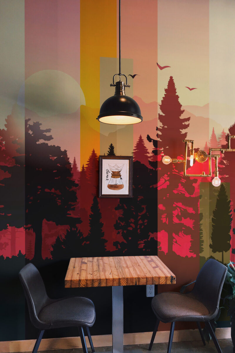Striped Forest Sunset removable wall mural fills the dining area wall with vertical sunset stripes, layered pines, and birds.