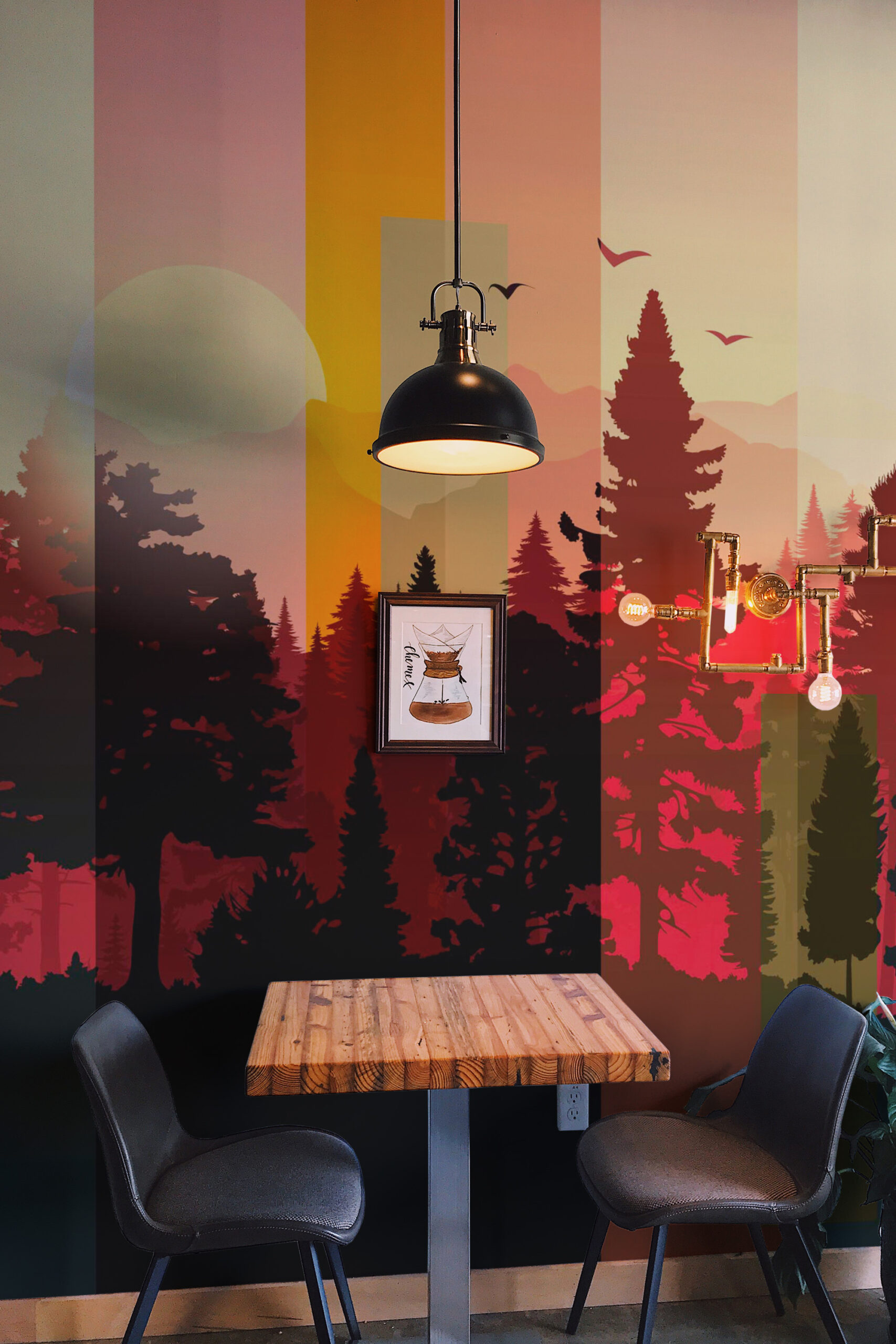 Striped Forest Sunset removable wall mural fills the dining area wall with vertical sunset stripes, layered pines, and birds.