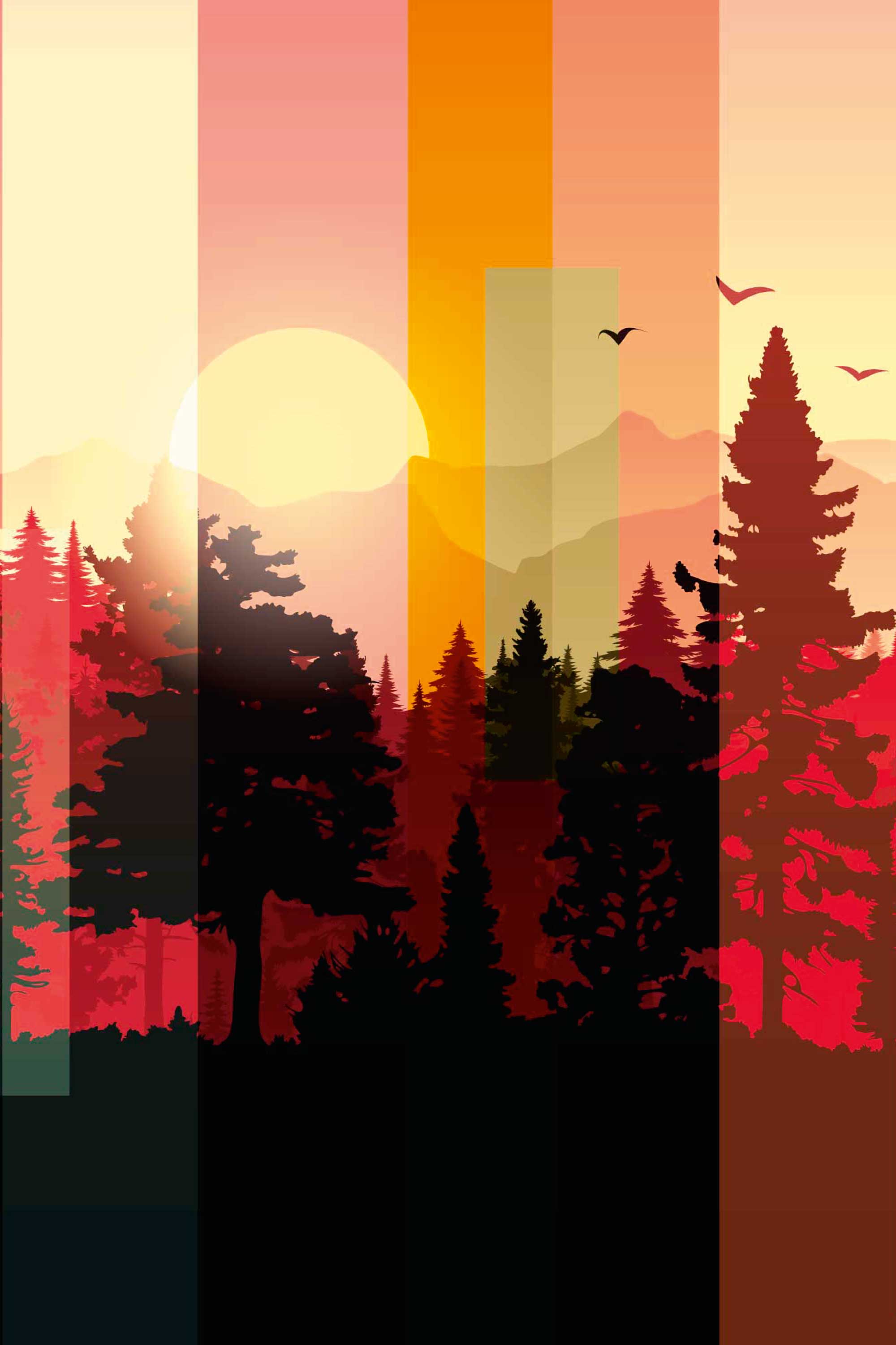 Striped Forest Sunset shows a wallpaper mural of silhouetted pine trees, birds, and mountains under a large sun with vertical stripes.