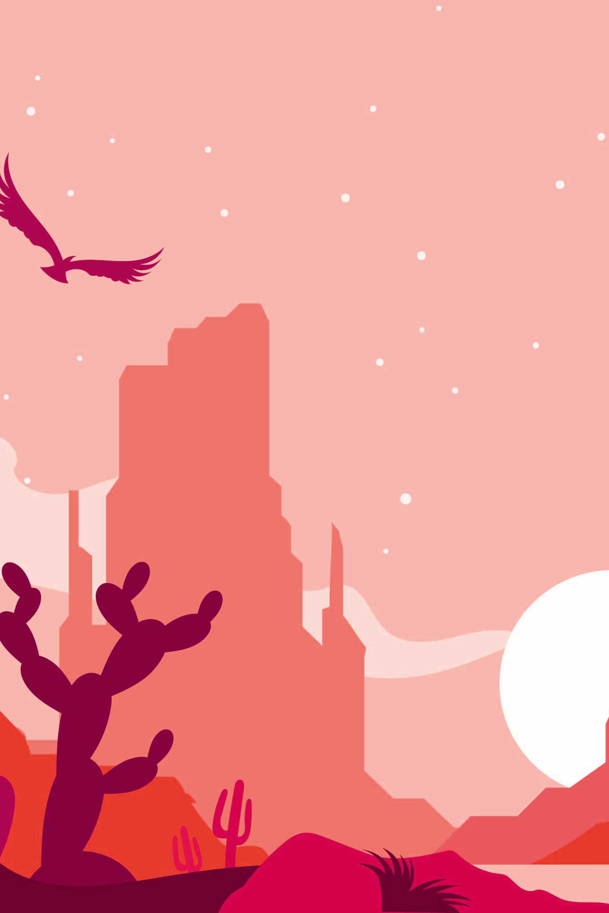Pink Desert Sunset wallpaper mural showing a stylized pink sky over desert cliffs with cactus silhouettes and a bird in flight.