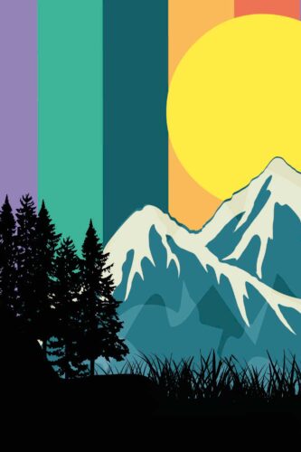 Rainbow Mountain Sunrise wallpaper mural with a large yellow sun, layered teal and purple sky bands, and snowy peaks above dark pines.