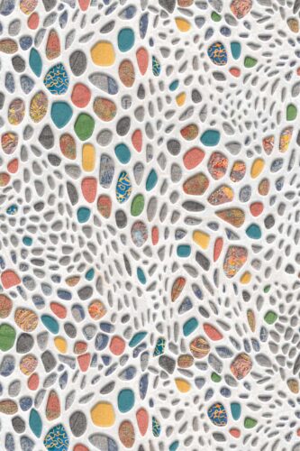 Colorful Pebble Mosaic wallpaper mural with scattered multicolor pebble shapes set in a white, lace-like mesh pattern.