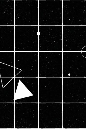 Cosmic Grid Night Sky removable wallpaper mural with a black, star-speckled background, white grid lines, and simple geometric shapes.