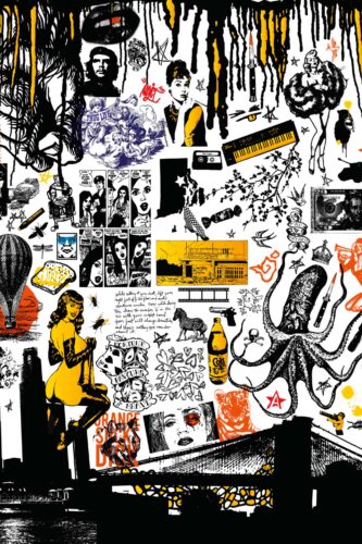 Street Ink Graffiti Collage covers a full wall as a removable wallpaper mural with bold black-and-white sketches and orange accents.