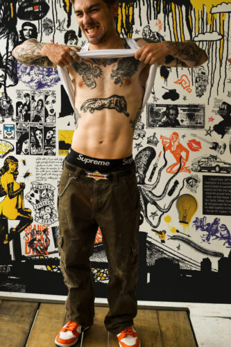 Street Ink Graffiti Collage shows a full-height wall mural with comic panels, sketchy icons, drips, and bold yellow accents.