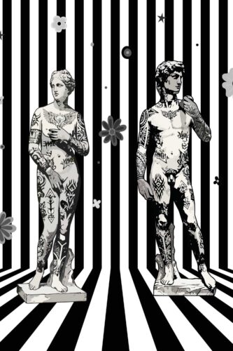 Inked Renaissance Statues shows a wallpaper mural of two tattooed classical statues on bold black-and-white stripes.