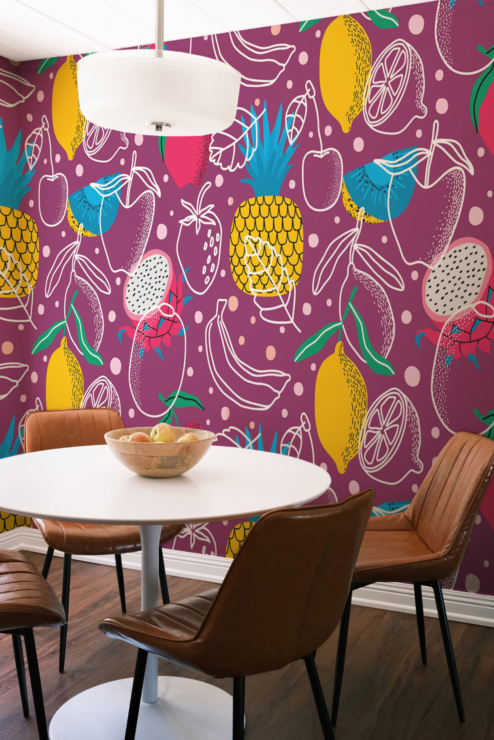 Tropical Fruit Doodles wall mural covers the dining nook wall in colorful fruit sketches on a purple background.