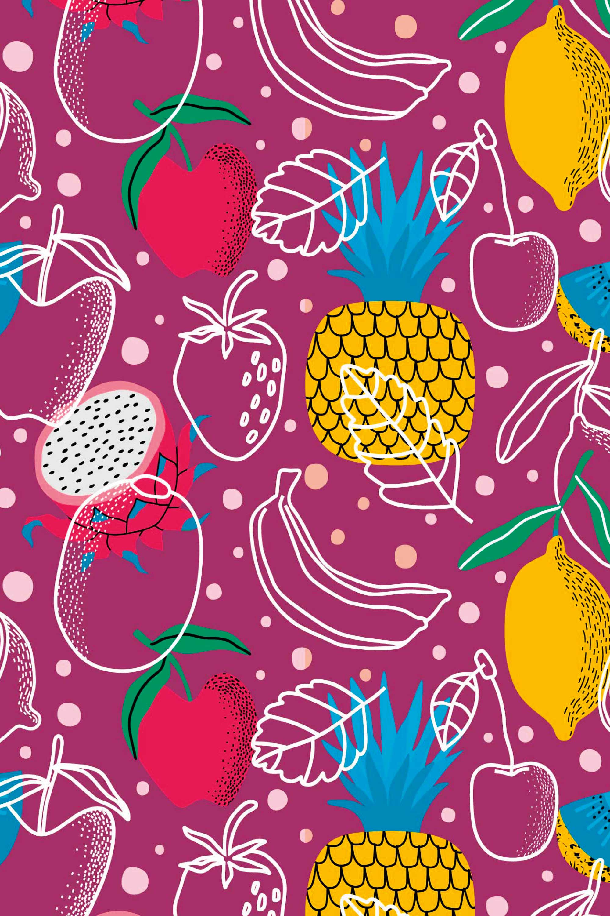 Tropical Fruit Doodles wallpaper mural with bright fruit outlines, pineapple shapes, and polka dots on a magenta background.