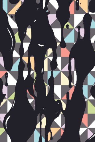 Ink Drips Geometric shows a wallpaper mural of pastel triangles overlaid with bold black ink drips and splatters.