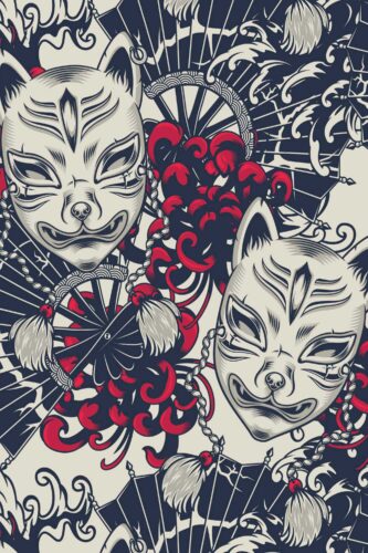 Kitsune Shadow Mask wallpaper mural with repeating white fox masks, dark fans, and red swirling florals on a cream background.