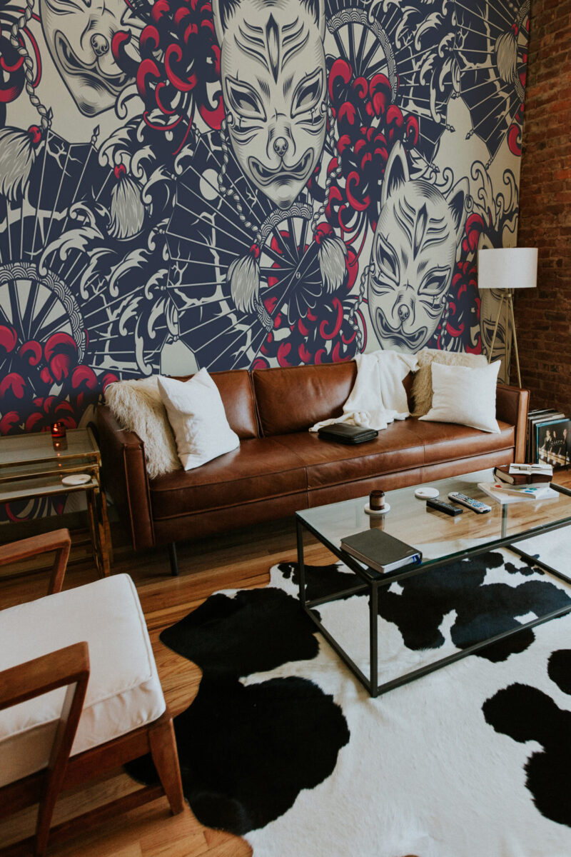 Kitsune Shadow Mask removable wall mural with large fox masks, fans, and red accents covering the wall behind a sofa.