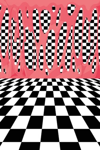 Bubblegum Drip Checkerboard covers a full wall as a removable wallpaper mural with glossy pink drips over a black-and-white checkerboard.