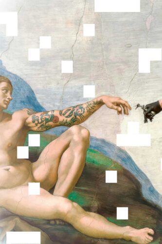 Creation of Tattoo Art custom wallpaper mural with a tattooed figure reaching toward a gloved hand on a cracked fresco-style background.