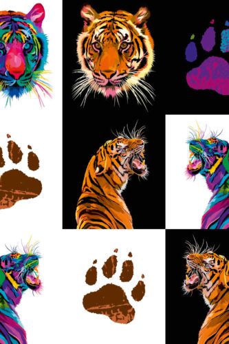 Colorful Pop Art Tigers removable wallpaper mural in a bold grid of tiger portraits and paw prints on black and white panels.