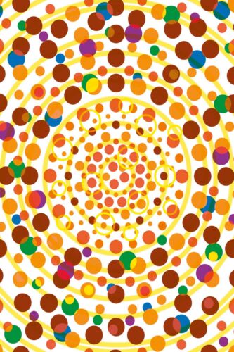 Yellow Dot Vortex wallpaper mural with concentric yellow rings and layered multicolor dots spiraling toward the center.
