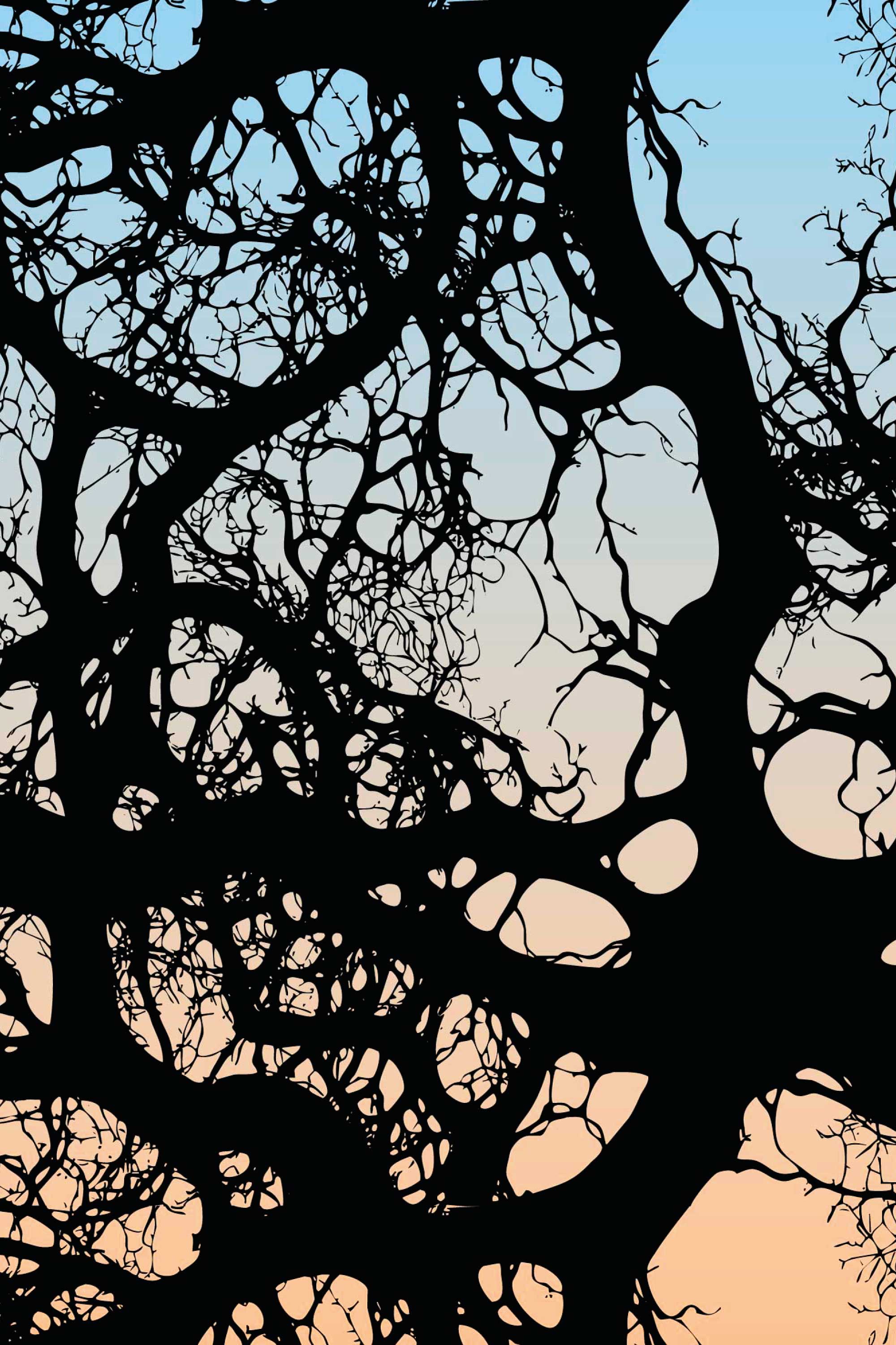 Moody Branch Canopy peel and stick wallpaper mural with black tree branches silhouetted against a soft gradient sky background.