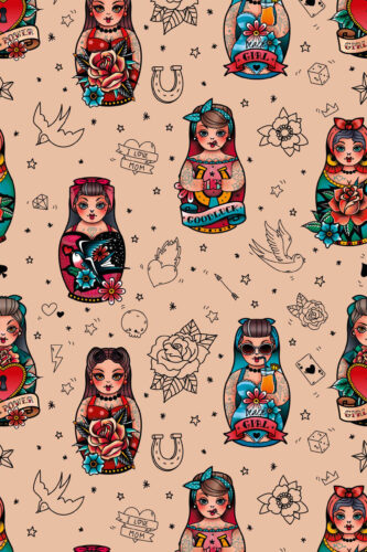 Lucky Charm Tattoo Dolls removable wallpaper with colorful tattoo-style dolls, roses, stars, and banners on a peach background.