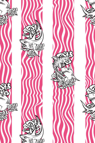 Bold Pink Shark Stripes non-pasted wallpaper with wavy hot-pink vertical stripes and black-and-white sharks in swirling clouds.
