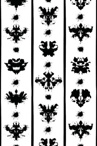Rorschach Ink Stripes removable wallpaper with vertical white panels, black borders, and mirrored inkblot shapes.