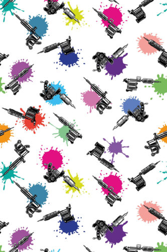 Bold Colorful Tattoo Machine in removable wallpaper with black tattoo machines scattered over bright paint splashes on white.