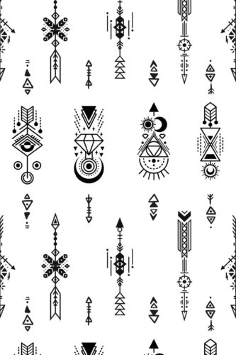 Sacred Tattoo Sigils removable wallpaper with black geometric arrows, diamonds, and celestial symbols on a white background.