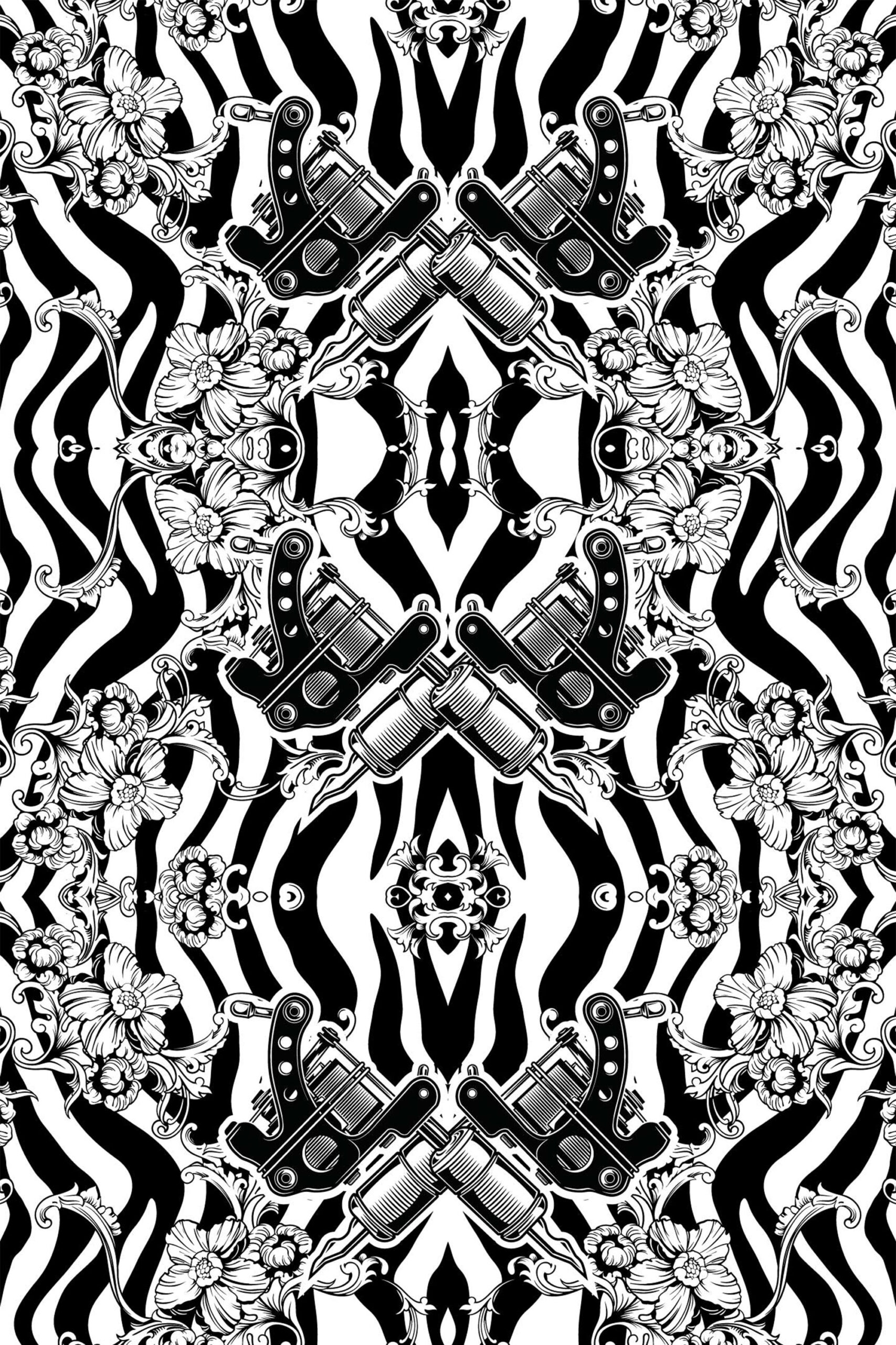Vintage Black Tattoo Machine removable wallpaper with mirrored tattoo machines, floral scrollwork, and black-and-white wavy stripes.