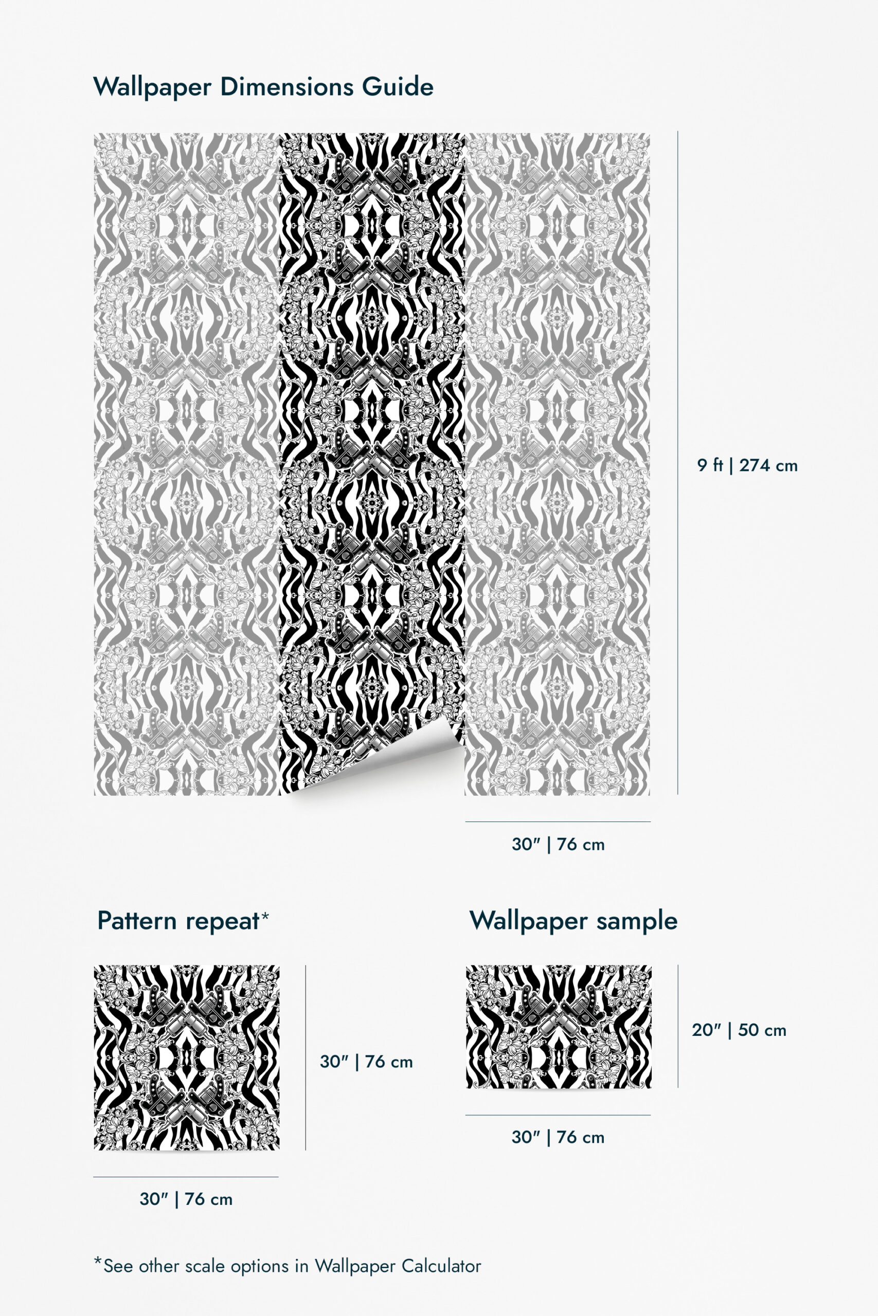 Vintage Black Tattoo Machine wallpaper for walls shown in a dimensions guide with a black-and-white tattoo machine pattern.