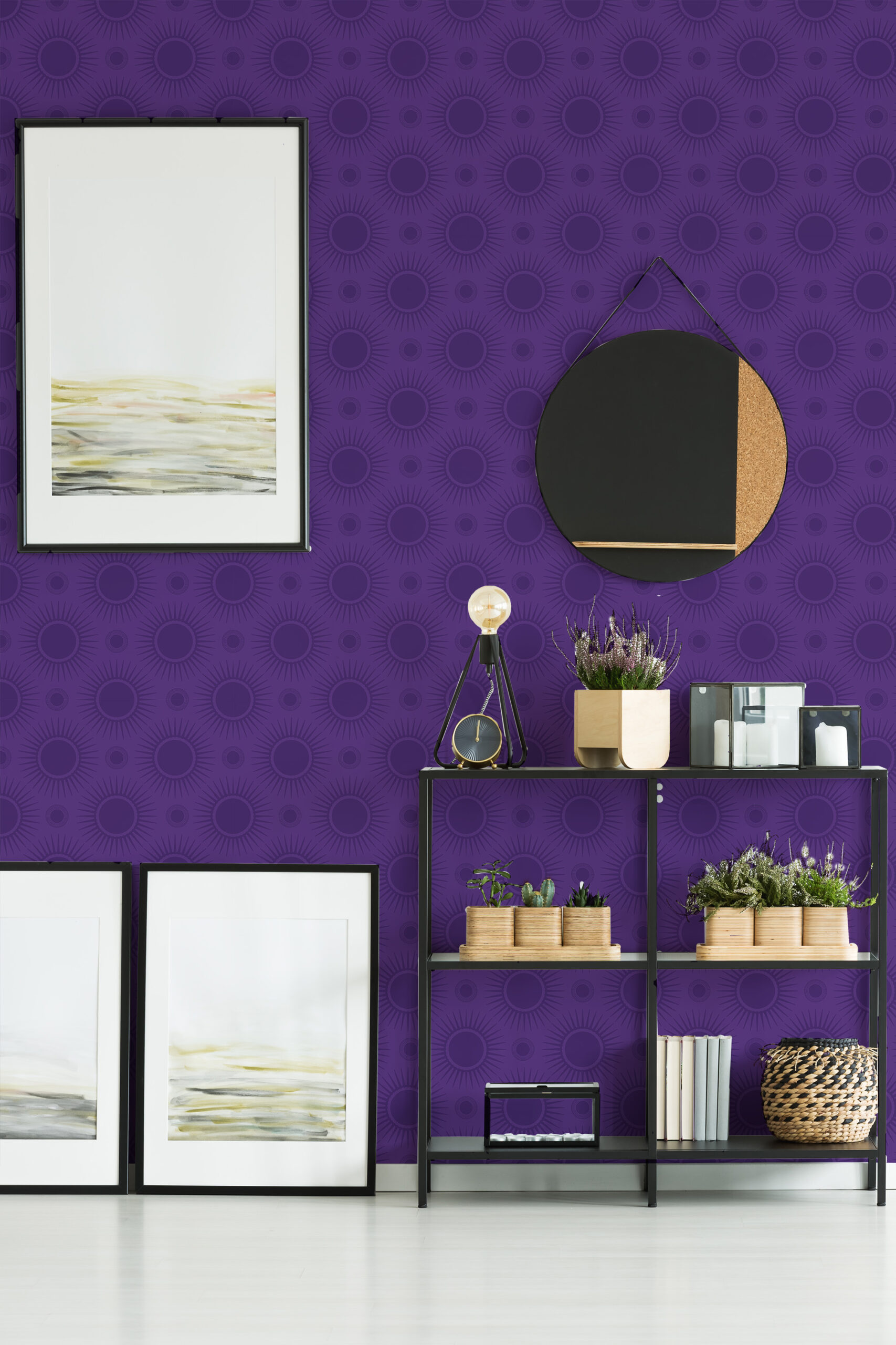 Bold Purple Sunburst self-adhesive wallpaper with repeating sunburst circles behind a shelving unit and framed art.